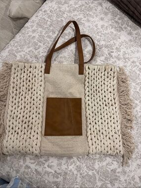 Anthropologie Cream Knit Fringe Tote Bag with Tan accents